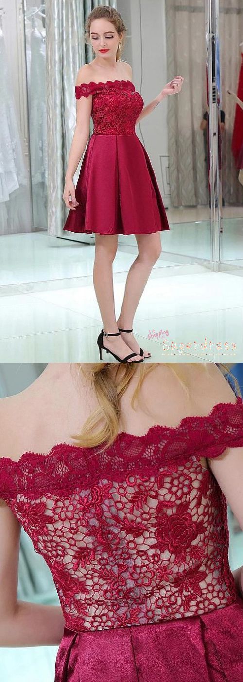 Short Slash Neck Burgundy Lace Homecoming Dresses Sarai With CD24240