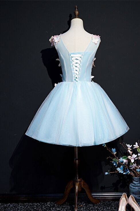 Princess Homecoming Dresses Rosemary Blue A-Line Short With Flowers CD24332
