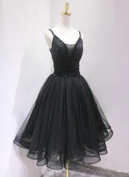 Black Homecoming Dresses Amelia Tulle And Beaded Knee Length Straps CD24363