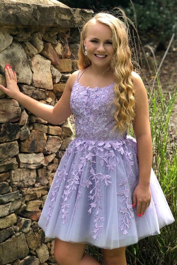 Lace Homecoming Dresses Melany Straps Applique Lavender CD24595