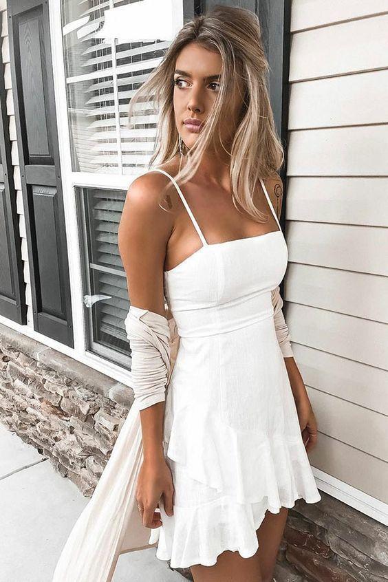 A-Line Spaghetti Straps Morgan Homecoming Dresses Short White CD250