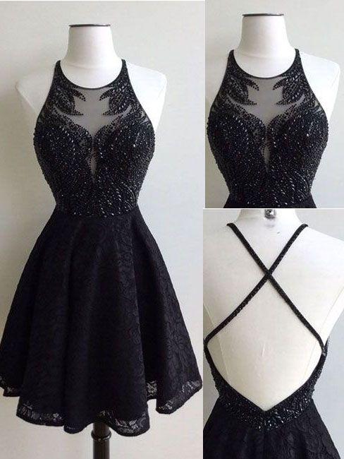 Black - Beads Brylee Homecoming Dresses Lace Criss Back CD2784
