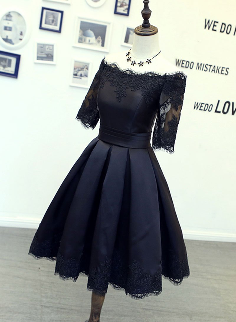 Black Short Dress Homecoming Dresses Lace Lydia Satin CD2795