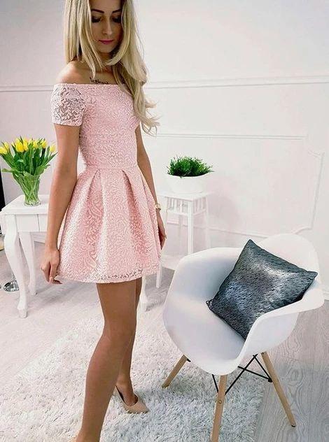Sal Pink Lace Homecoming Dresses Blush Off Shoulder CD3016