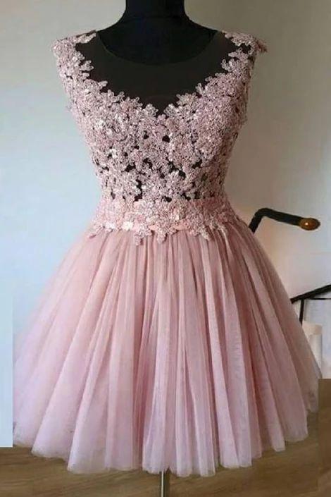 Sheer Neck Tulle Homecoming Dresses Maleah Short With Appliques CD3589