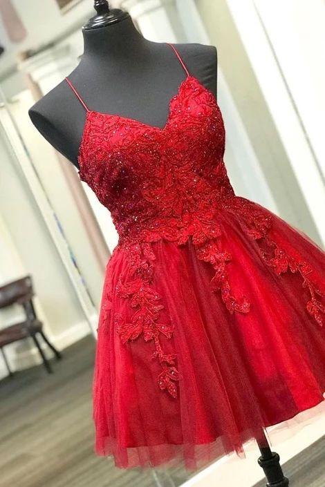 Jasmin Homecoming Dresses Lace Straps Appliqued Red Short CD4200