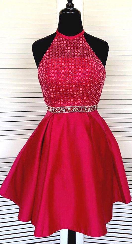 Halter Red Homecoming Dresses Vanessa With Beaded Top CD4352