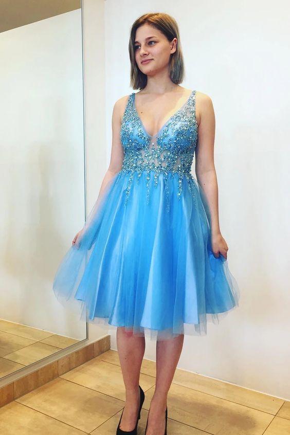 Princess Homecoming Dresses Lydia V Neck Knee Length Blue CD5165