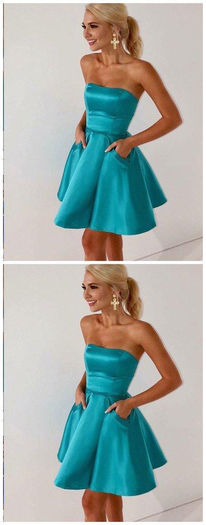 A-Line Strapless Blue With Pockets Mattie Satin Homecoming Dresses CD659