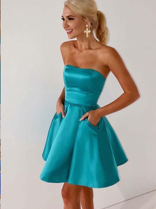 A-Line Strapless Blue Satin Homecoming Dresses Jaelynn With Pockets CD659