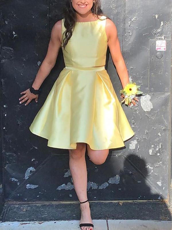 Yellow Two Piece Satin Homecoming Dresses Michaelia Charming CD747