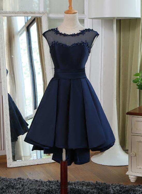 Navy Blue Homecoming Dresses Satin Stephany High Low CD8103