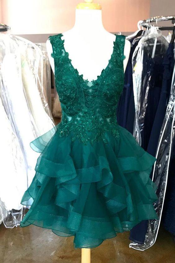 Princess Krystal Homecoming Dresses Lace Flounced Dark Green With CD8170