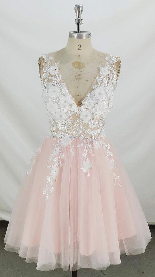 V Neck Brielle Homecoming Dresses Pink Short And White CD8849