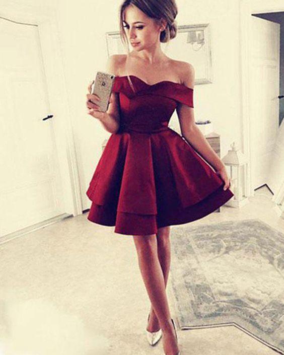 Burgundy Homecoming Dresses Rosemary Satin Off-The-Shoulder CD89