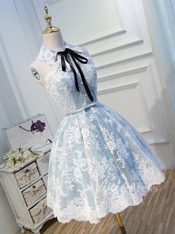 Collar Neck Homecoming Dresses Averie Lace Light Blue CD9047