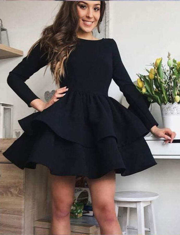 Simple Black Layered With Long Sleeves Rebekah Homecoming Dresses Satin CD929