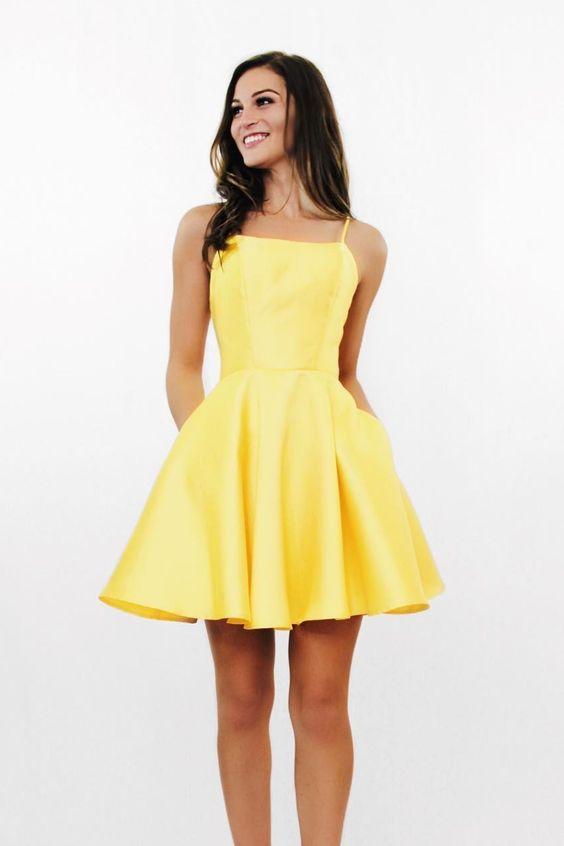 Short Katie Homecoming Dresses Yellow Dresses With Pockets CD992