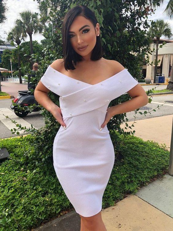 Pearl Off Shoulder Bodycon Ivory Gia Homecoming Dresses CD9972