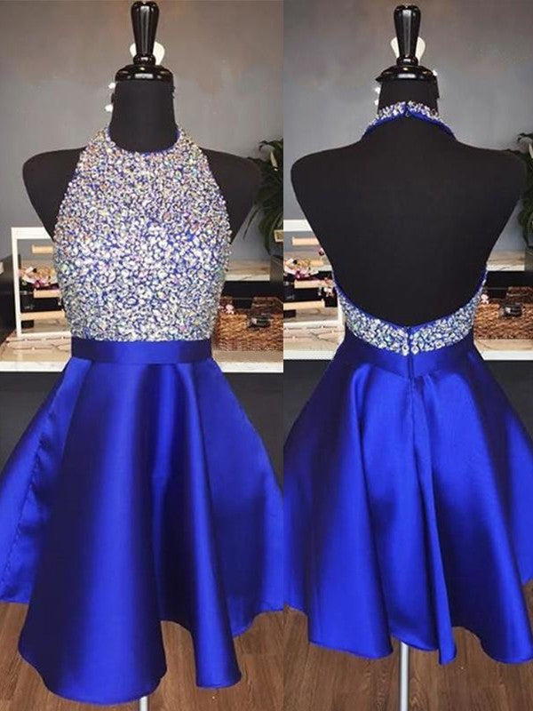 A-Line Halter Cut Short With Homecoming Dresses Satin Royal Blue Ann Beading