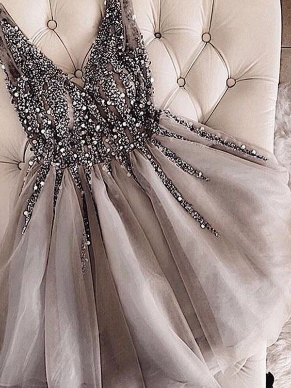 A-Line/Princess Homecoming Dresses Brooklyn Sleeveless V-Neck Tulle Sequin Short/Mini Dresses