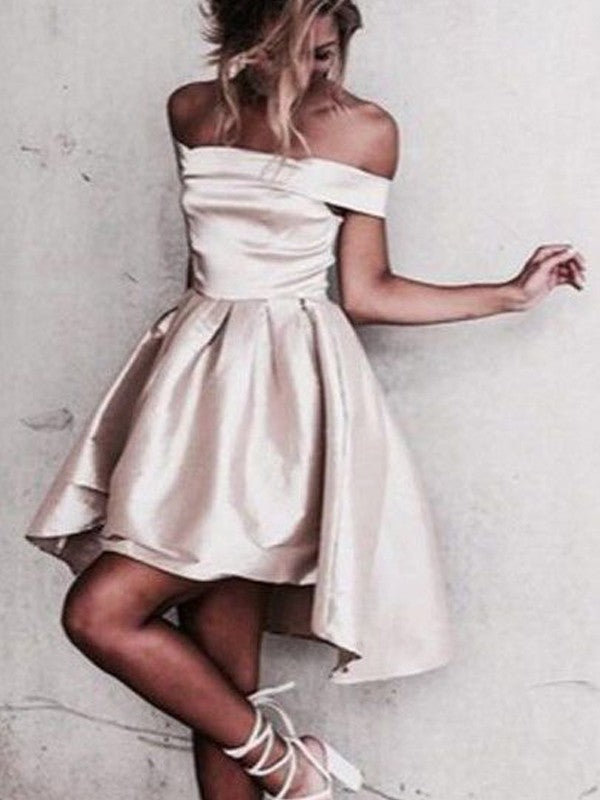 A-Line/Princess Sleeveless Off-The-Shoulder Short/Mini Dresses Bianca Satin Homecoming Dresses