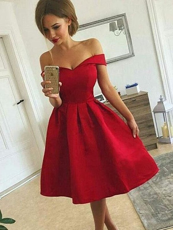 A-Line/Princess Off-The-Shoulder Sleeveless Ruched Knee-Length Dresses Aliza Satin Homecoming Dresses