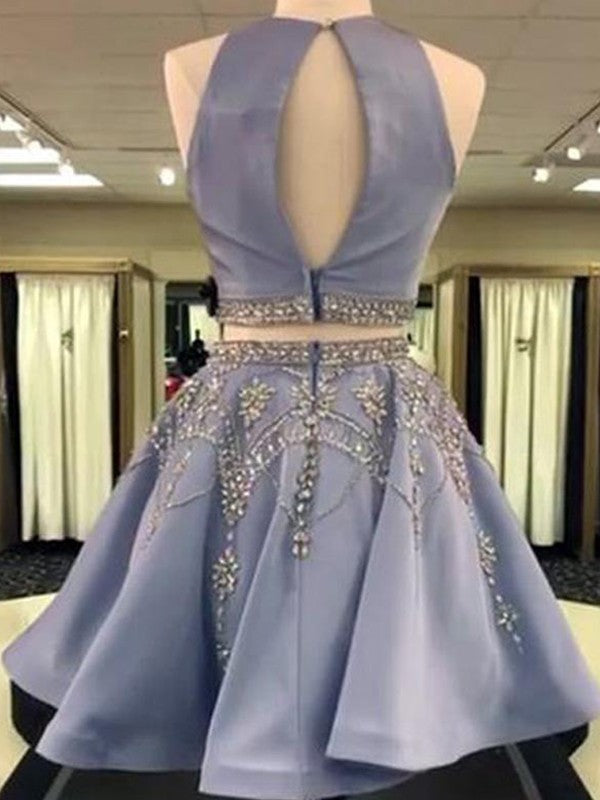 A-Line/Princess Sleeveless Satin Homecoming Dresses Lia Bateau Beading Short/Mini Two Piece Dresses