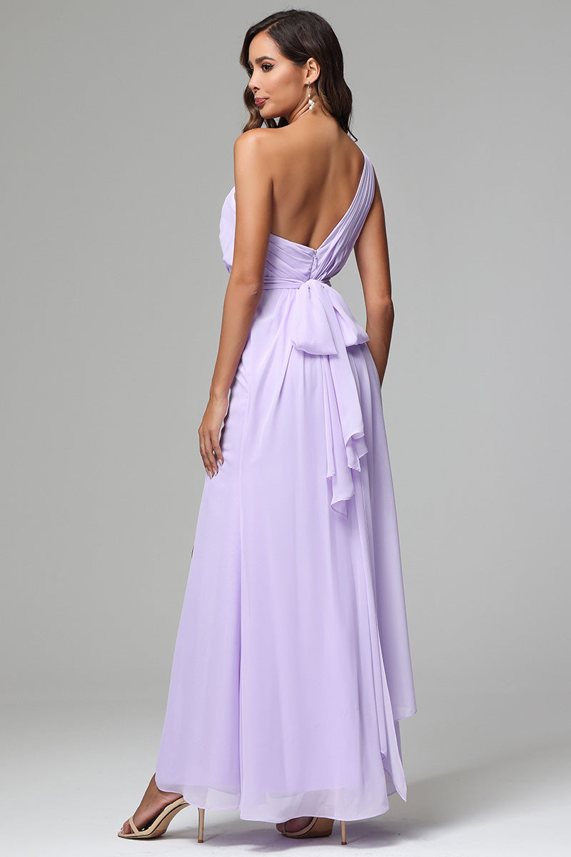 One Shoulder Chiffon Long Dresses with Slit for Wedding Guest